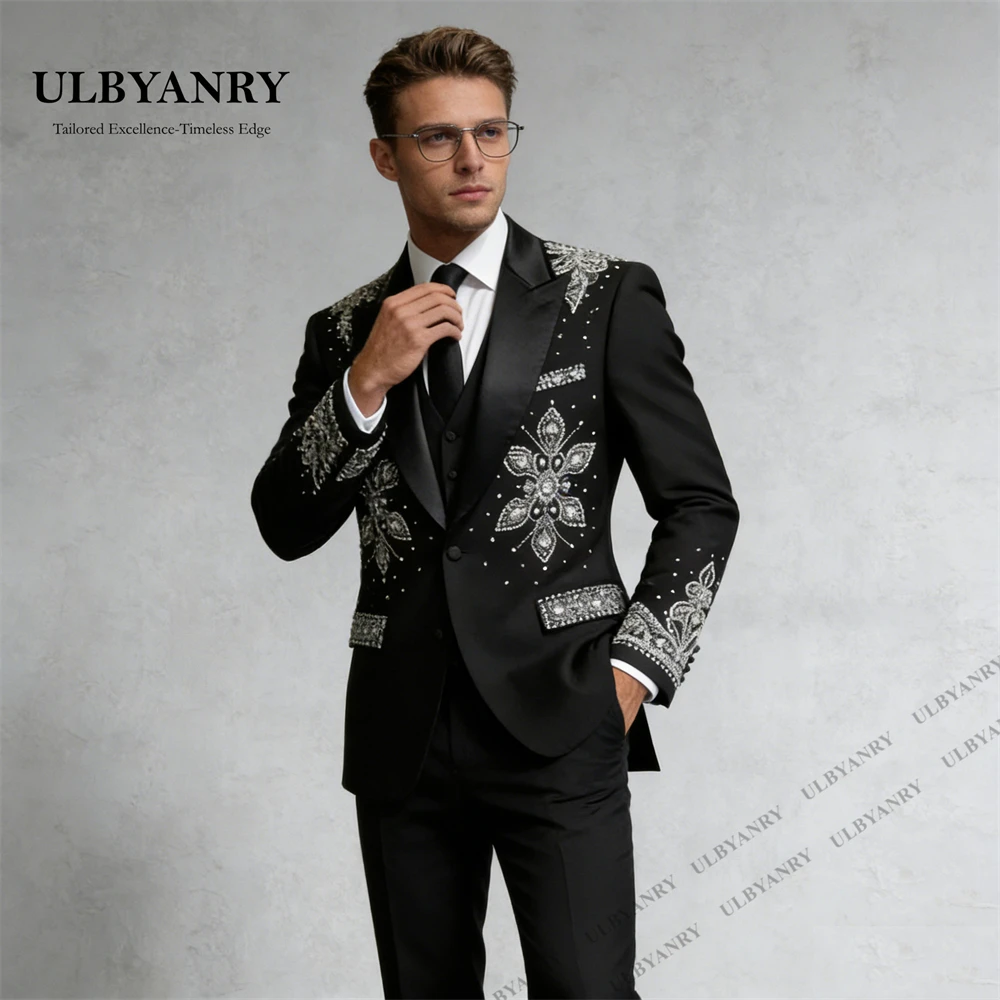 ULBYANRY Tailored Men's Suit Set Including Jacket Vest Pants One Button Slim Fit Jacket Crystals Details Three Piece Tuxedo