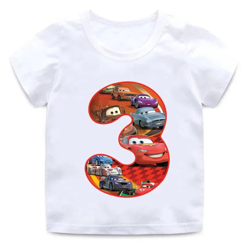 T-shirt Disney Cars Rains McQueen pour enfants, vêtements de décoration de fête d\'anniversaire, dessin animé anime Kawaii, haut décontracté pour