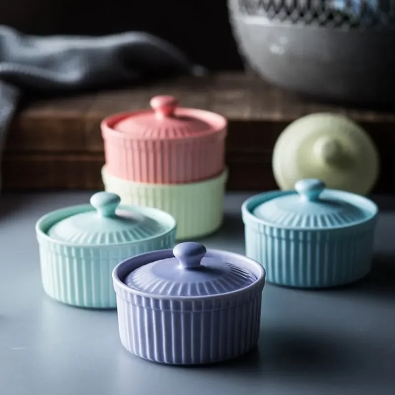 125ml Ceramic Soufflé Baking Bowl with Lid Dessert Pudding Cake Oven Microwave Egg Steam Cup Fruit Yogurt Baby Food Tableware