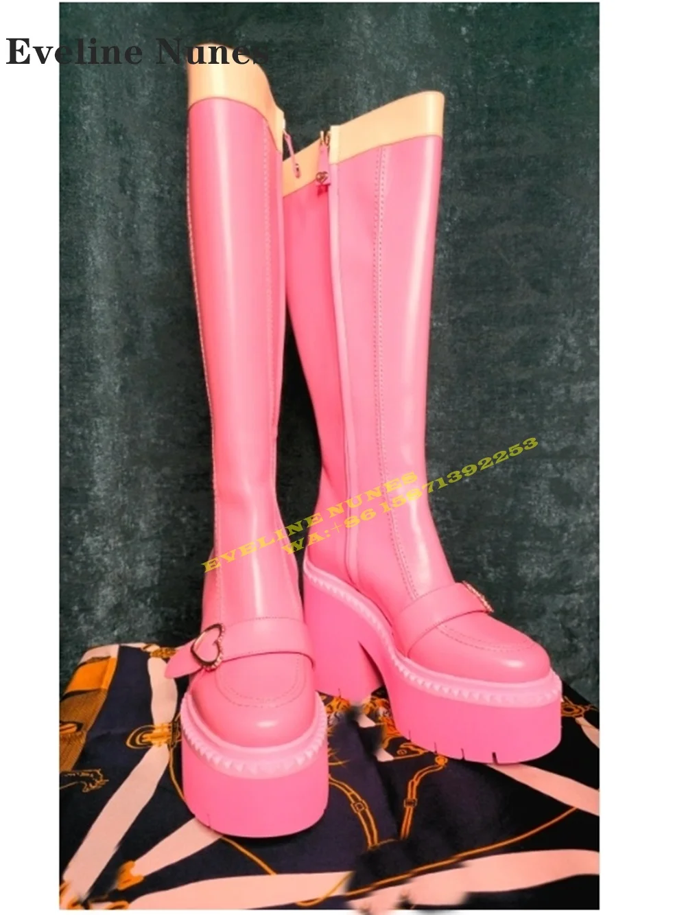 

Punk Love Metal Buckle Platform Fashion Boots Round Toe Thick Sole Patchwork Plus Size Knee High Boots Sweet Cool Style Newest