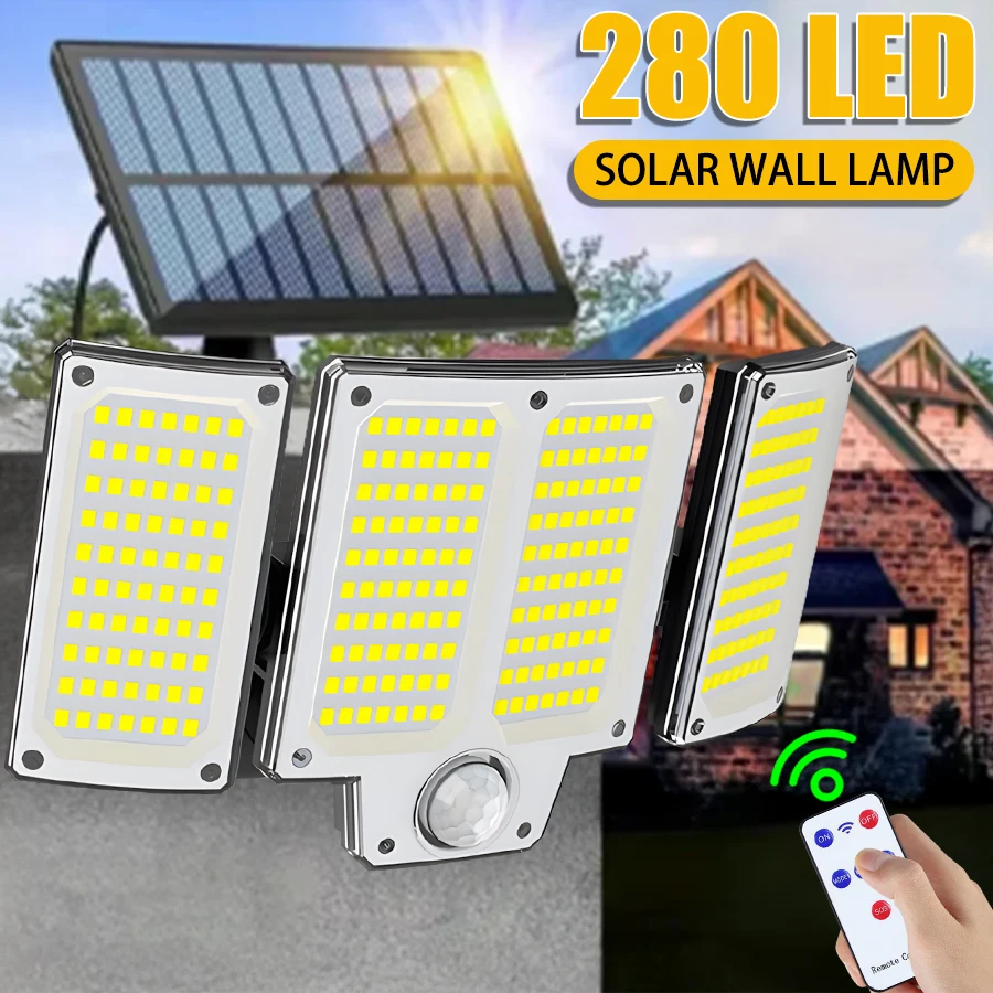 

280 светодиодных солнечных настенных светильников, уличный фонарь с датчиком движения на солнечной энергии и регулируемой головкой освещения для уличных садов