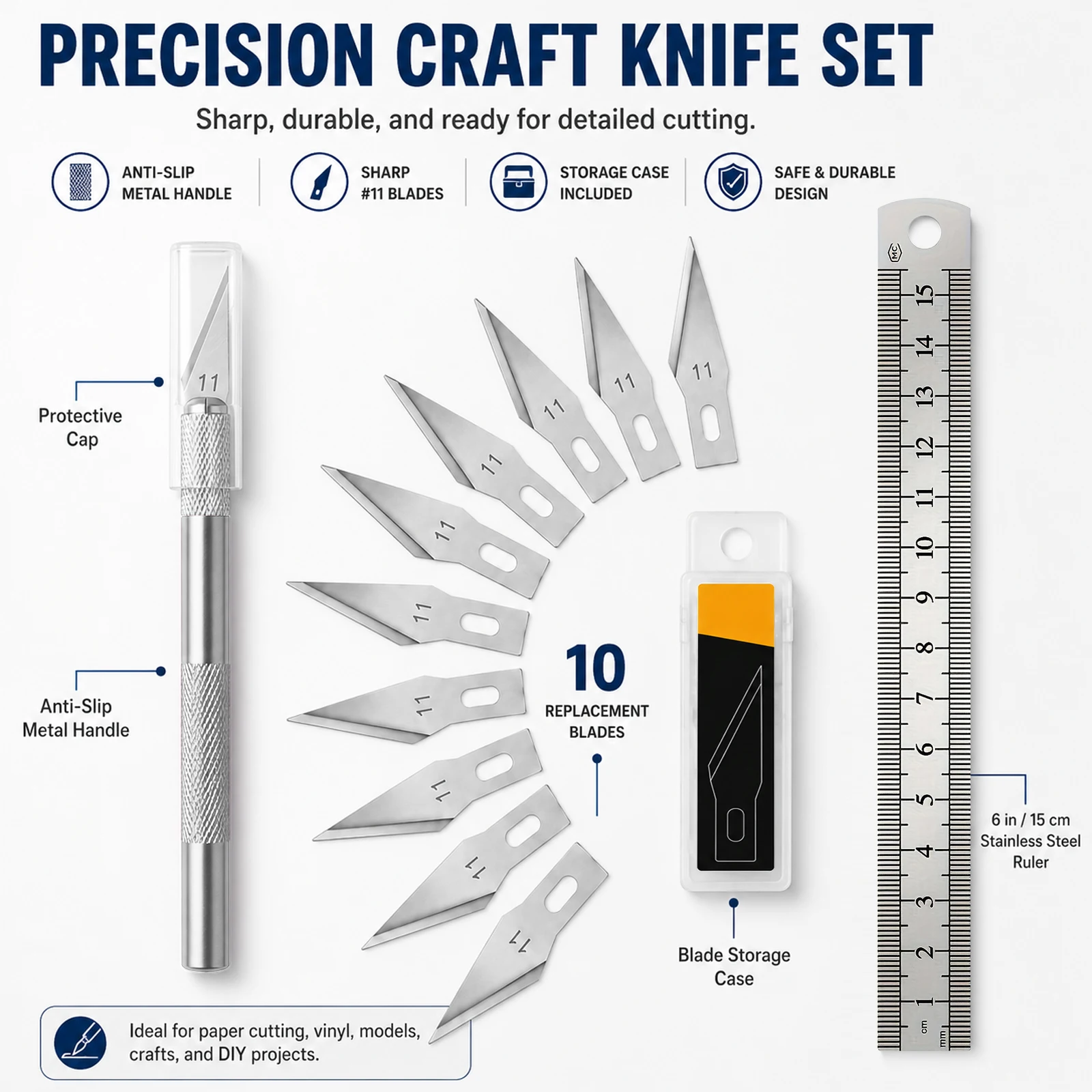 Precision Craft Knife Set with 10 Blades & 15cm Ruler for DIY Crafts, Paper Cutting, Model Making & Scrapbooking