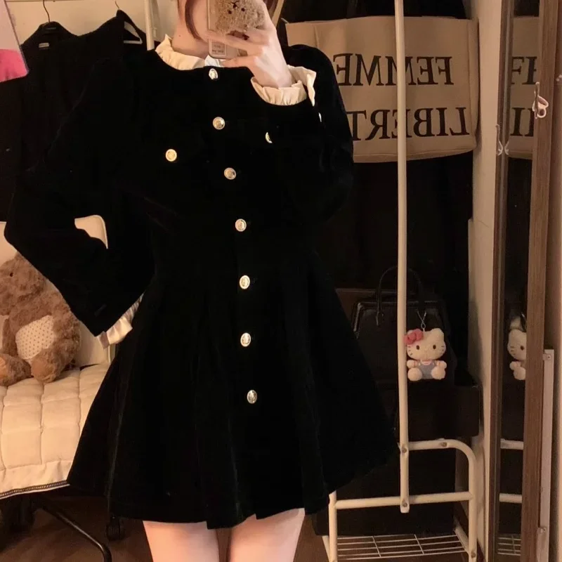 Long Sleeve Mini Dress Women Velvet Button-up A-line Elegant Temper Spring Ruffles Patchwork Ulzzang Seductive Trendy Streetwear