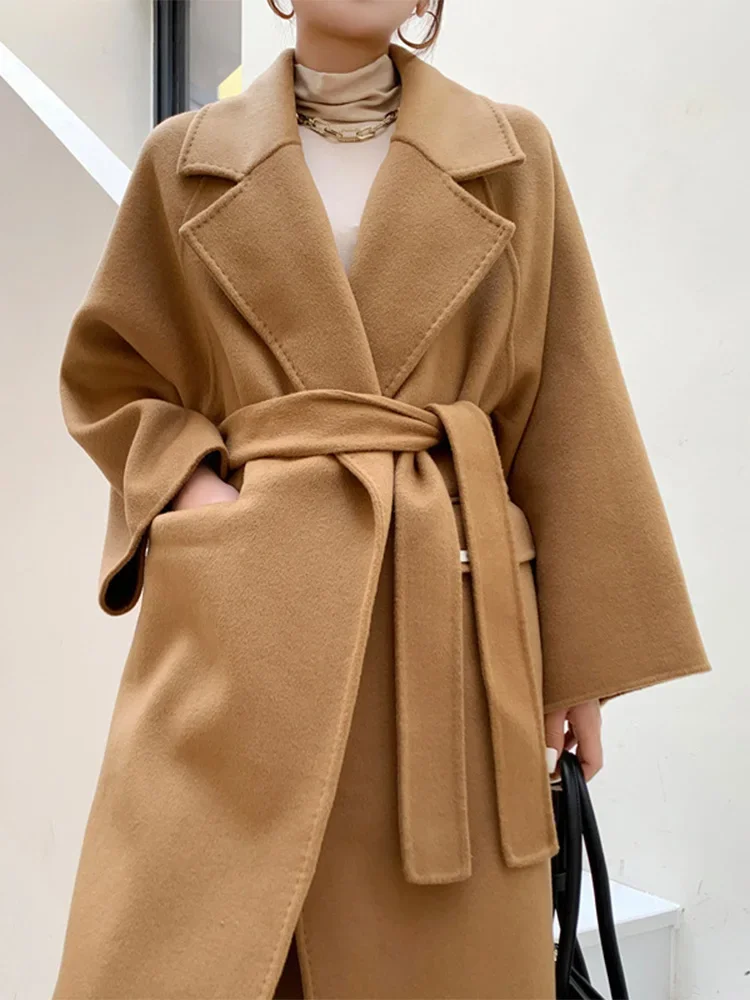 

White Large Cuffs Double-sided Cashmere Wool Coat Women Loose Bathrobe Warm Lapel Lace-up Woolen Overcoat Long Fit Autumn Winter