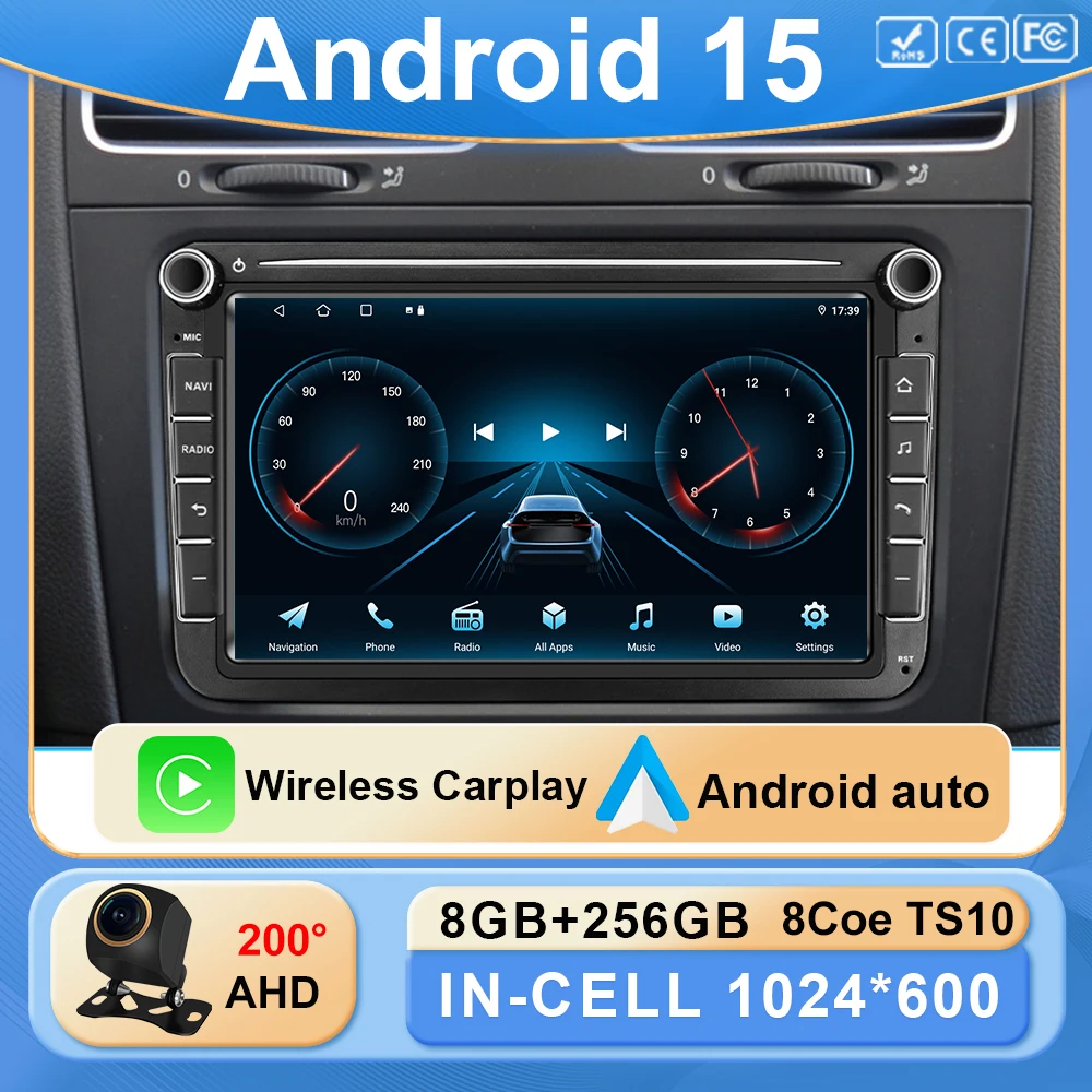 8'' Car Radio Android 15 For VW Passat golf Polo Jetta Skoda Car multimedia player IPS Screen GPS WIFI Wireless Carplay Auto