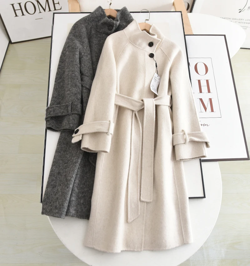 

Двустороннее шерстяное пальто Ele, супер утягивающая талия, длина миди, воротник-стойка, женская верхняя одежда премиум-класса в стиле ретро