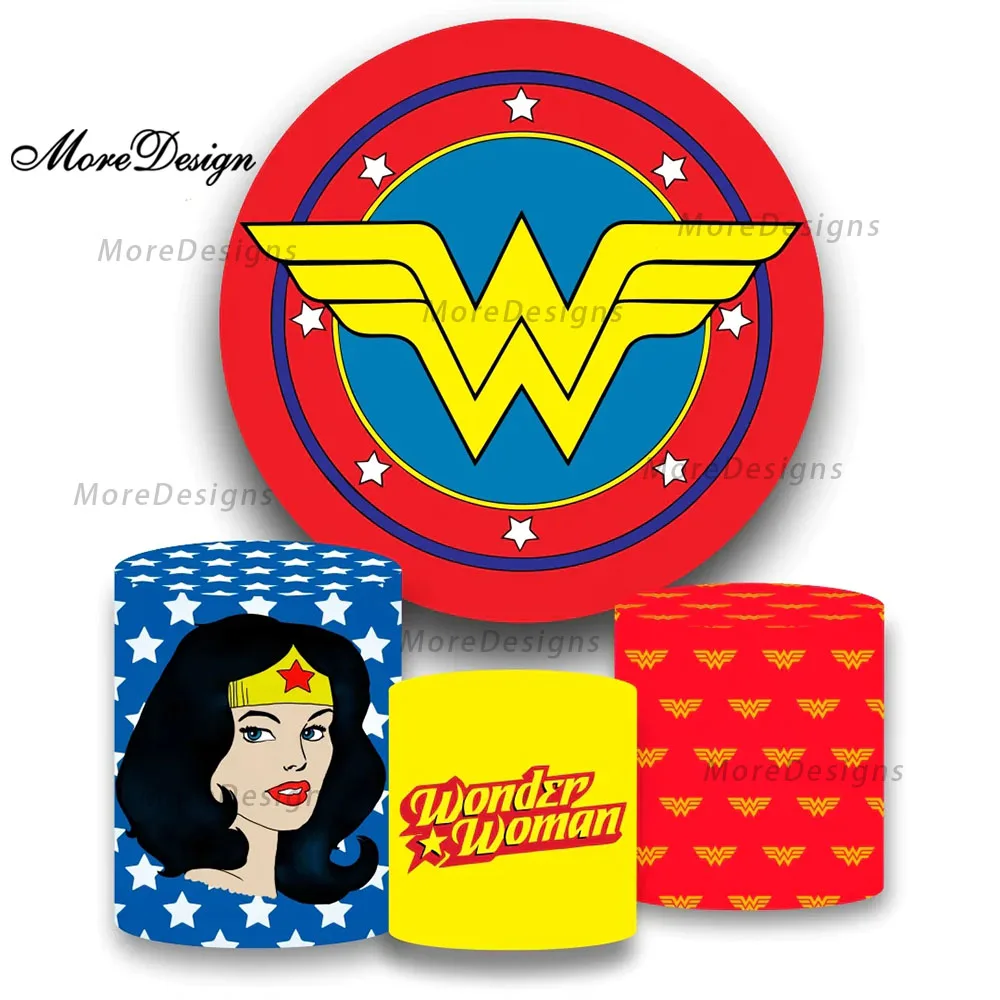 Cartoon Wonder Woman Round Backdrop Girls Birthday Party Cylinder Covers Baby Shower Circle Covers Photography Background