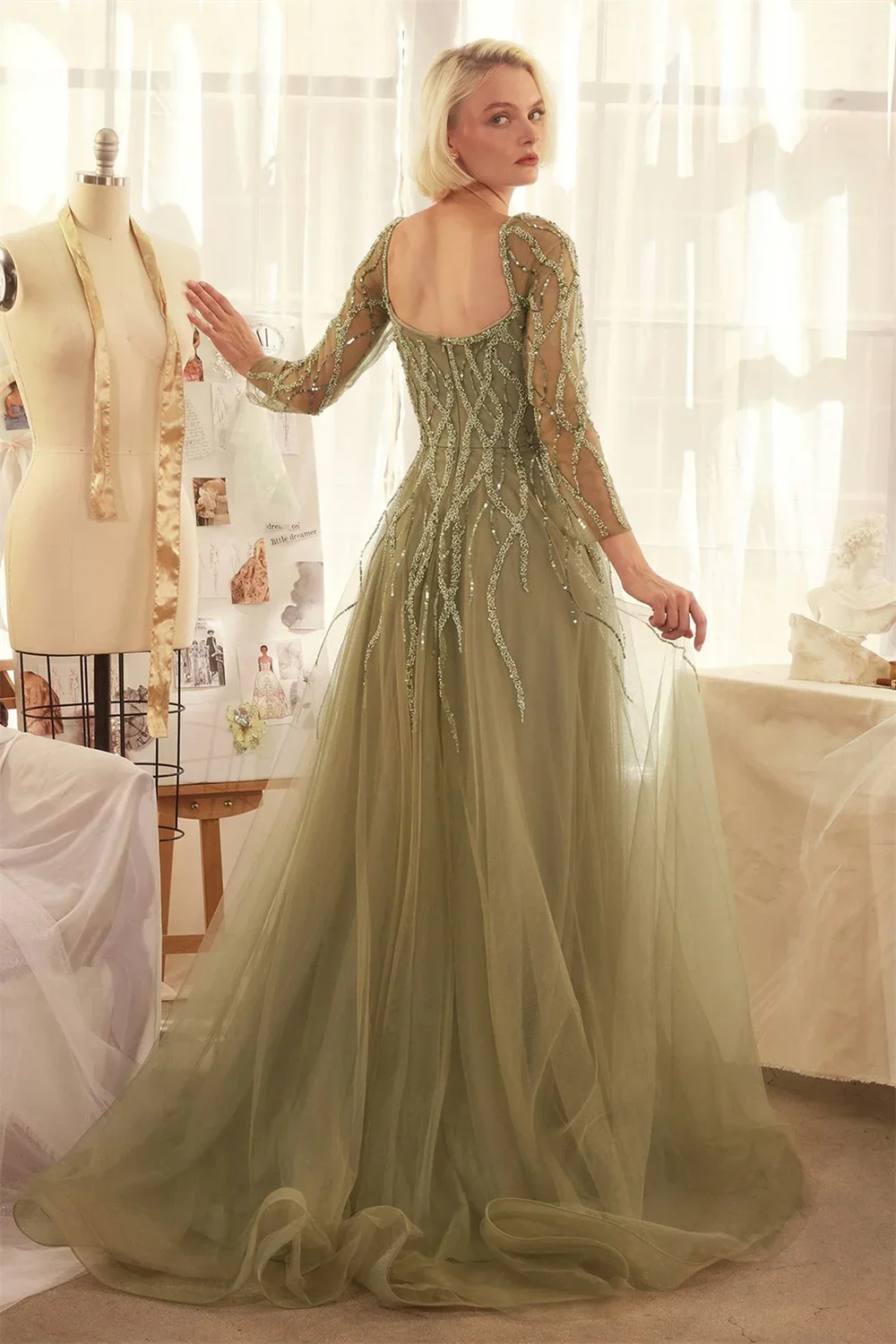 

Customized Olive Green Prom Dress with Shiny Sequins Sweetheart Long Sleeves Side Slit Tulle Evening Gown for Women