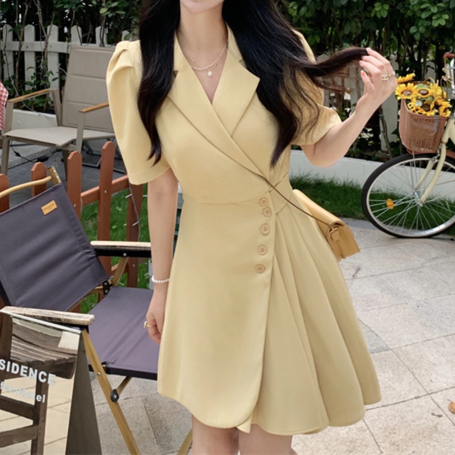 Vestidos Women Dress Suit Elegant Lady Puff Sleeve Frock Solid Color Mini Skirt Summer Fashion Casual Slim Pleated Dresses