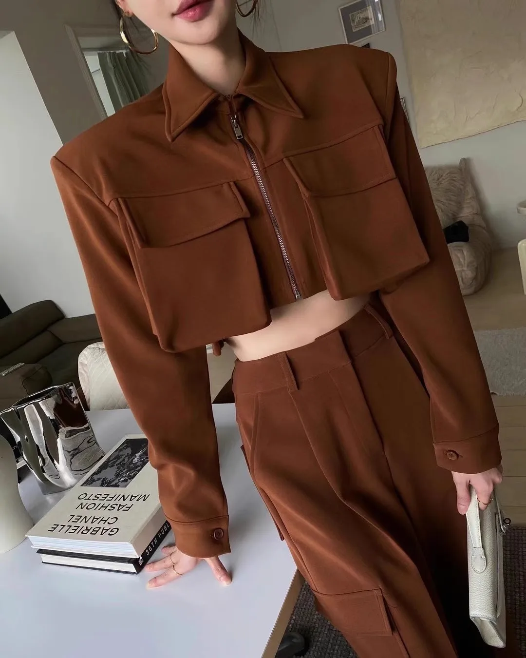 

2023 Autumn Women sexy long Sleeve Short Jacket Sets Pockets Loose Retro high waisted wide leg pants 2-piece sets Y4449