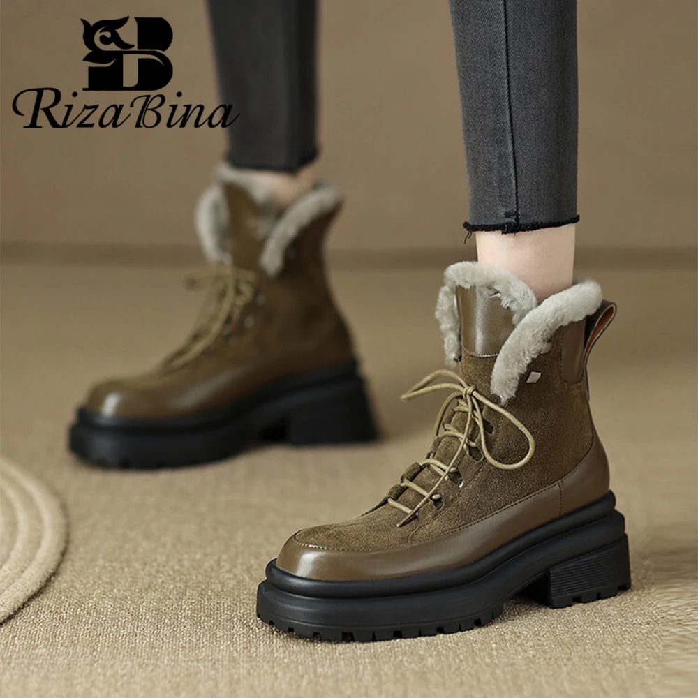 

RIZABINA Women Snow Boots Genuine Leather Thick Sole Chunky Heel Winter Boots Female Fashion Lace Up Keep Warm Motorcycle Boots