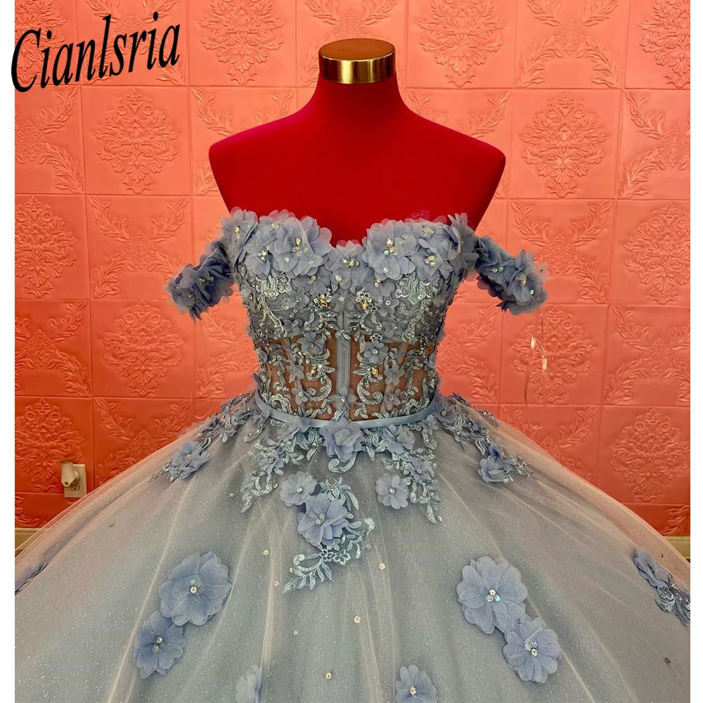 Vestido De baile azul cielo mexicano, quinceañera, apliques 3D, dulce vestido 16, cuentas sin hombros, 15 Años