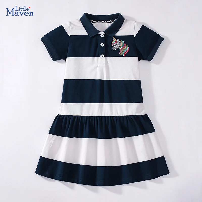 Little Maven Baby Mädchen Neue Sommer-Kinderkleidung Kinderbekleidung Baumwolle Bestickte Cartoon-Einhorn Gestreifte Kleider