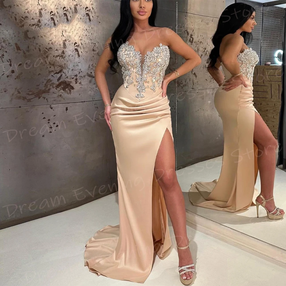 Charming Mermaid Graceful Women's Evening Dresses Romantic Sweetheart Sleeveless Prom Gowns Side Split Beaded Vestido De Noche