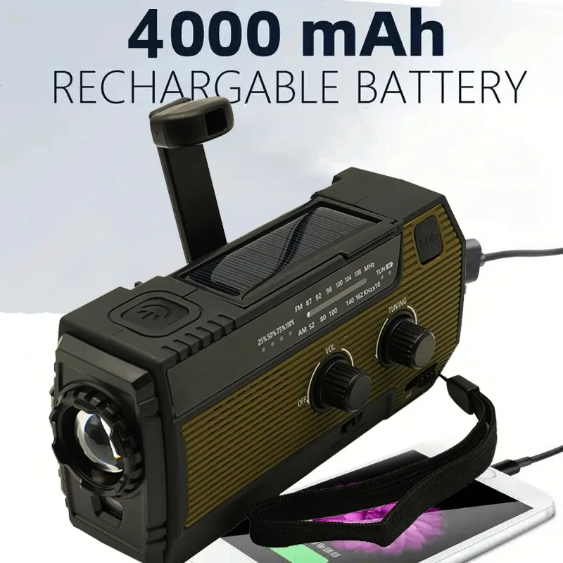 

Portable Emergency Radio 4000mAh Solar Hand Crank Cell Phone Charger Radios AM/FM LED Flashlight Outdoor Indoor Light Night