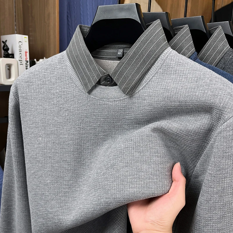 Luxury warm plush knitted sweater fashion comfort wool new fake two-piece pullover winter leisure shirt collar men's clothing