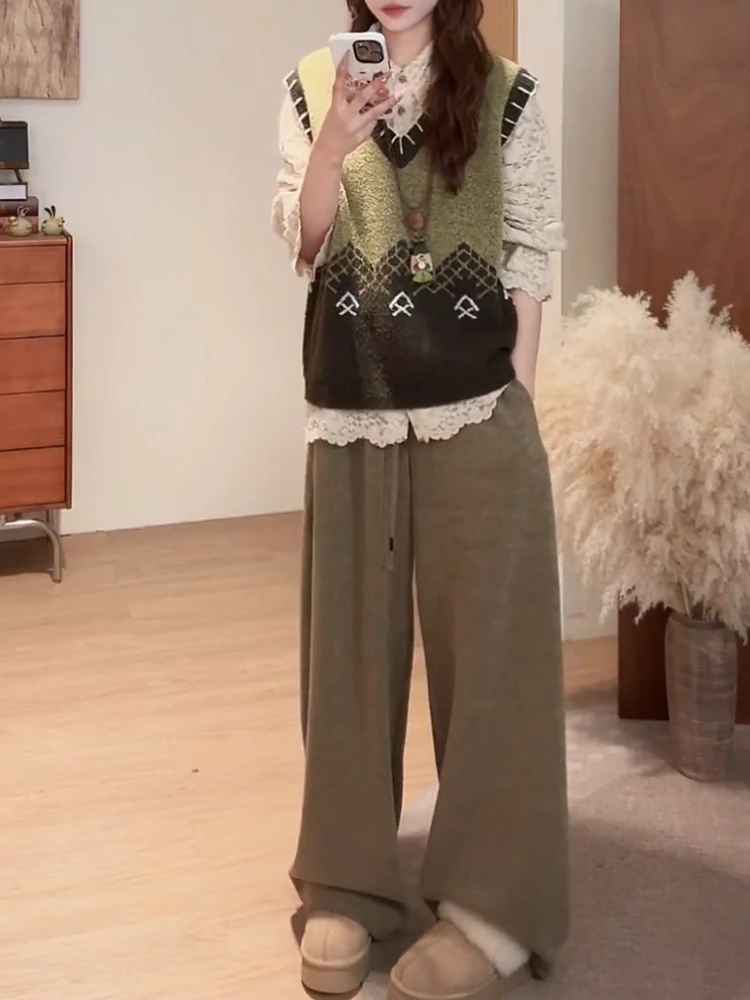 

Модный повседневный комплект из трикотажа в полоску: брюки с широкими штанинами и футболка, женский осенне-зимний новый однотонный комплект для отдыха