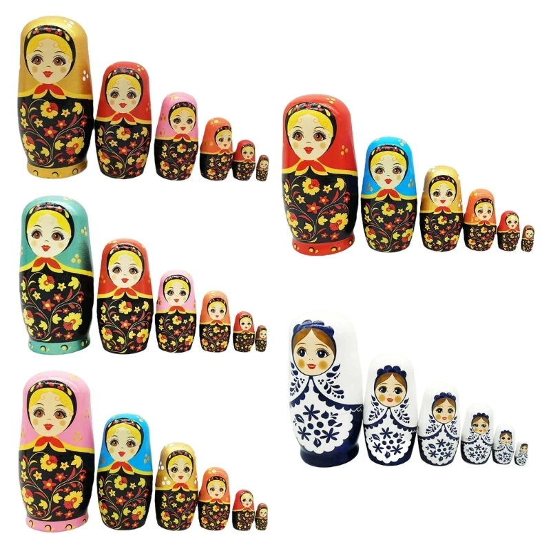 j2hd-伝統的な木製入れ子人形-6-層手描きマトリョーシカ人形クリエイティブアートアクティビティ教育スタッキングゲーム