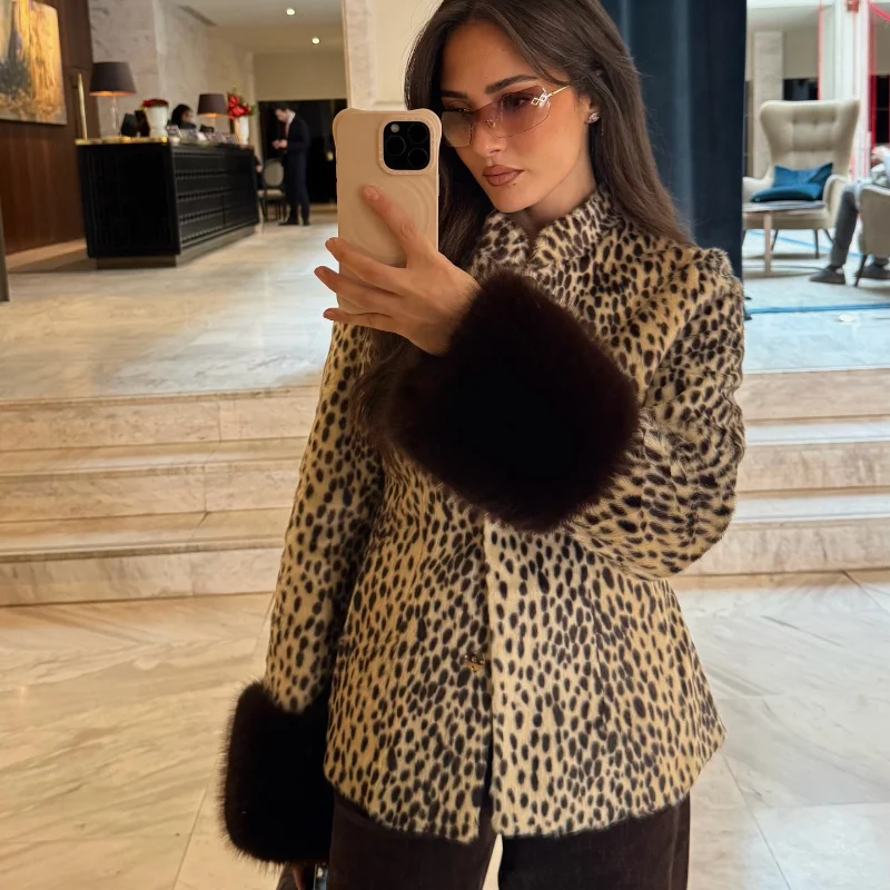 Retro Bambi-Print Kunstpelzmantel für Damen Stehkragen Plüsch-Manschetten Schlanke Kurze Jacke Langarm Oberbekleidung 2026 Herbst Winter Streetwear