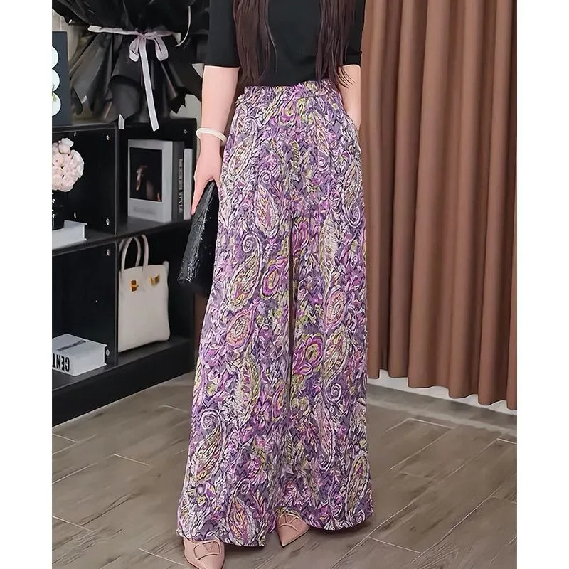 

2025 High Waist Summer New Style Printing Pocket Sunscreen Ice Silk Pants Fashion Loose Temperament Wide Leg Straight Trousers