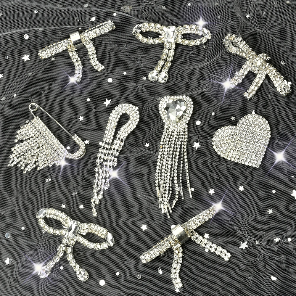 Modny elegancki srebrny biały kryształowy wisiorek w kształcie łuku frędzel broszka strasy aplikacja Diy sukienka dekoracyjna buty z paskiem kapelusz