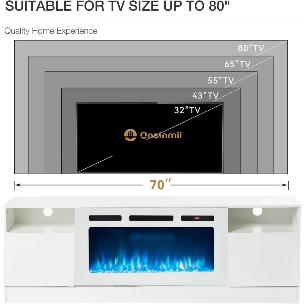 Large Modern Media Entertainment Center with Storage Cabinet and 12 Colors LED Lights for TVs Up to 80