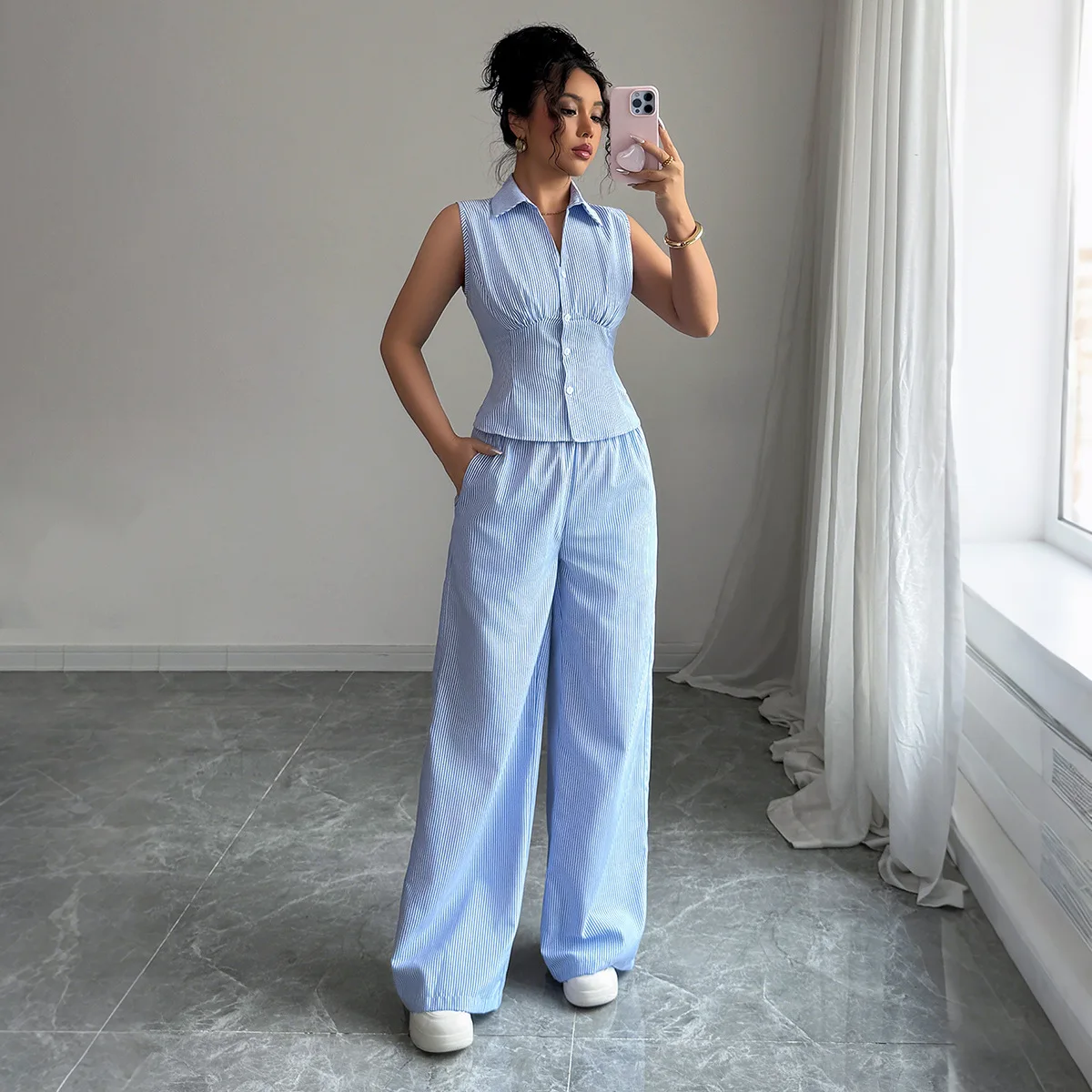 

2025 Summer Fashion Women's Striped Suit Elegant Button Lapel Sleeveless Vest + Trousers 2-piece Suit Street Wear Casual Outfits