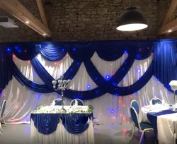 3*6M White Ice Silk Wedding Backdrops with Royal Blue Swag Detachable Stage Background Drape and Curtain Wedding Decoration