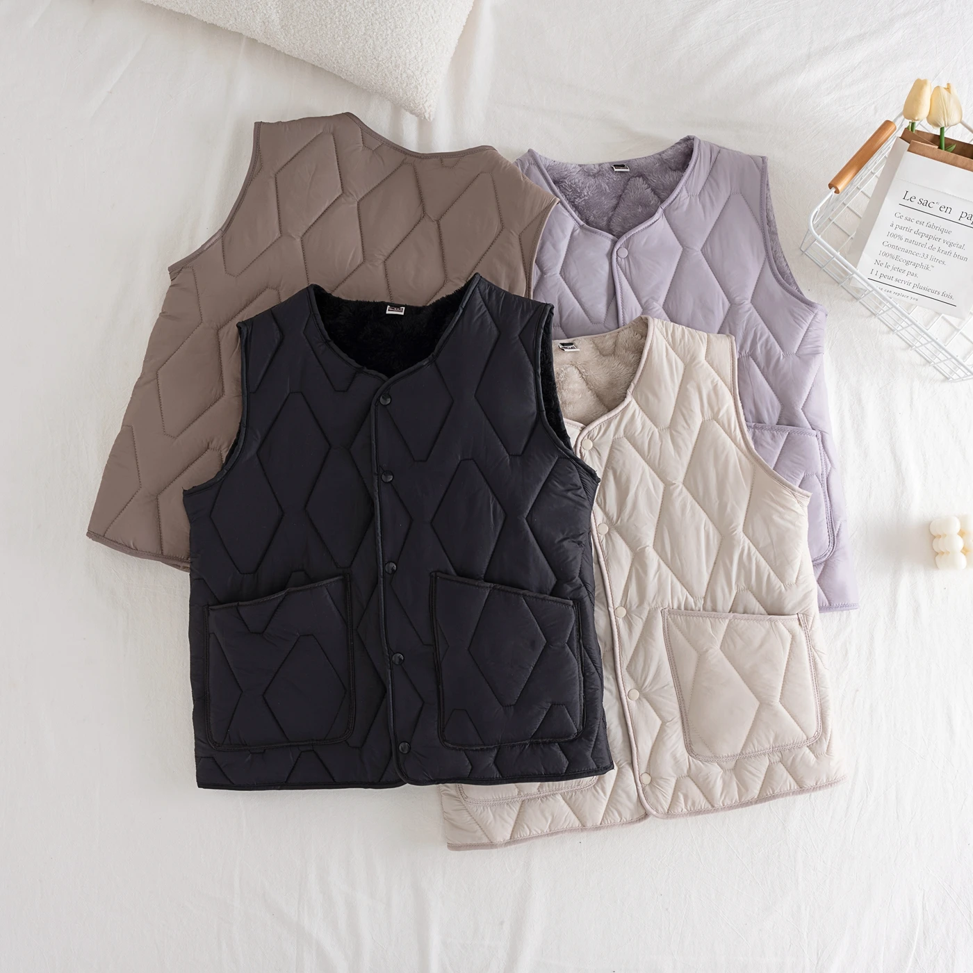 Herren-Weste aus gesteppter, mit Fce gefütterter Baumwolle, Frühling und Herbst, lässige Weste, Thermo-Unterwäsche, Polyesterfaser, V-Ne