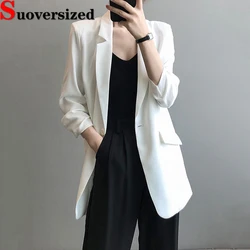 Summer Thin Unlined Three Quarter Sleeve Chiffon Blazer For Women Elegant White Suit Jackets Korean Loose Mid-length Outerwears