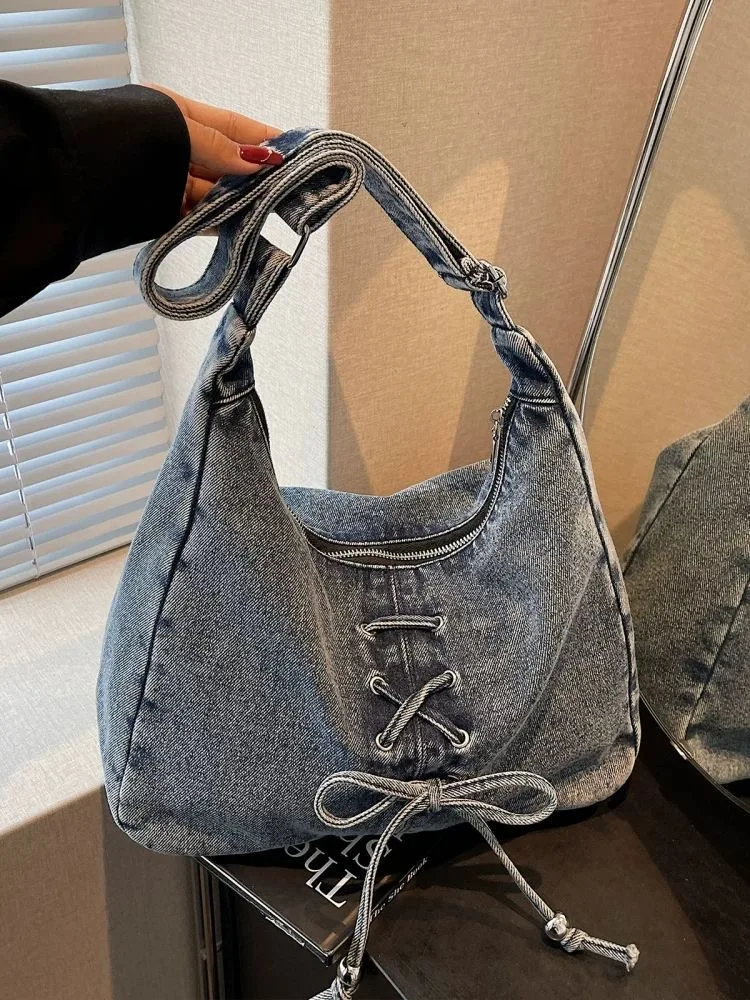 

JIAERDI джинсовая большая сумка в стиле ретро с милым бантом, большая вместительная женская повседневная сумка через плечо, универсальная повседневная женская сумка