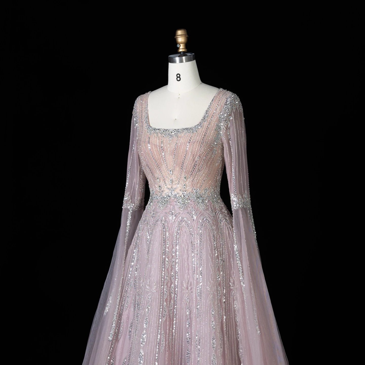 Sharon Said Luxuriöses Braunes Abendkleid mit Quadratischem Ausschnitt, Langen Glockenärmeln, Schwer Perlenbestickt, Dubai Formelle Partykleider SS065 Maßanfertigung – Detail 6