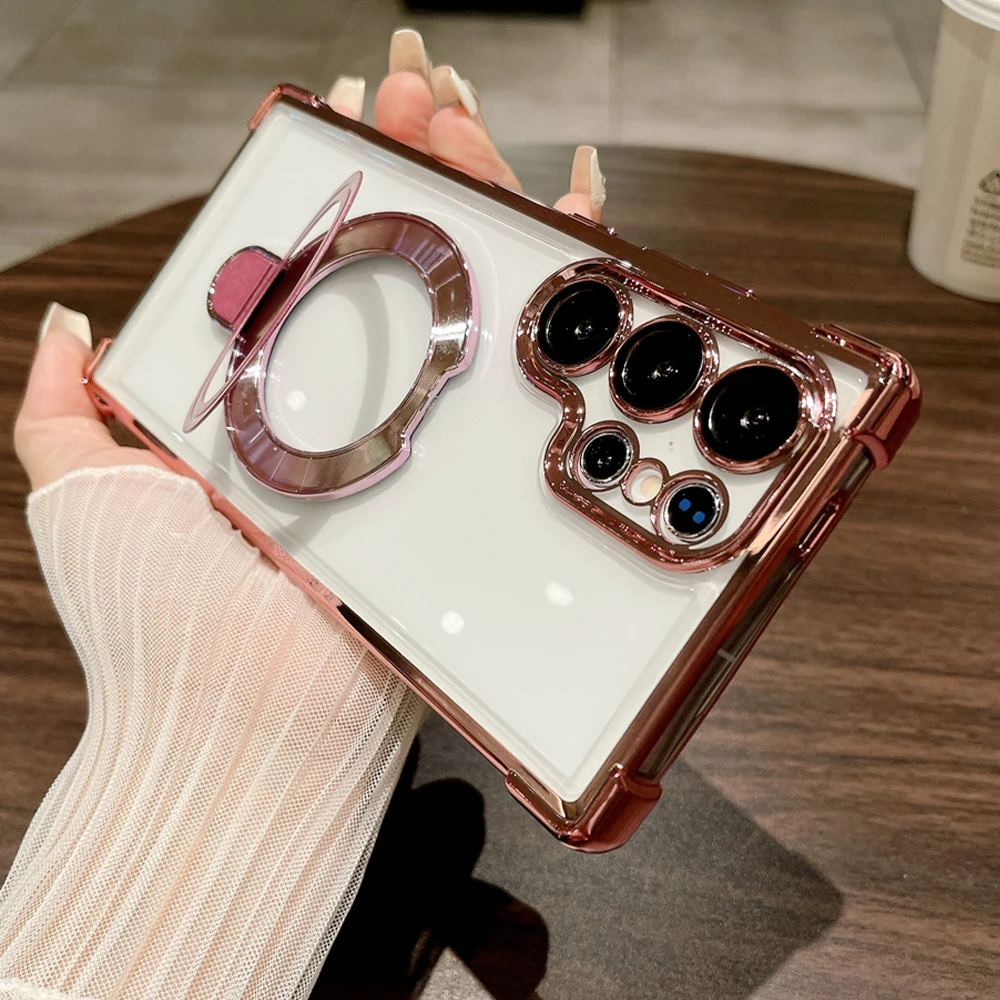 Ring Stand Holder Magnetic Clear Phone Case For Samsung S25 Note 20 S24 Ultra S23 FE S22 Plus Luxury Plated Transparent Cover