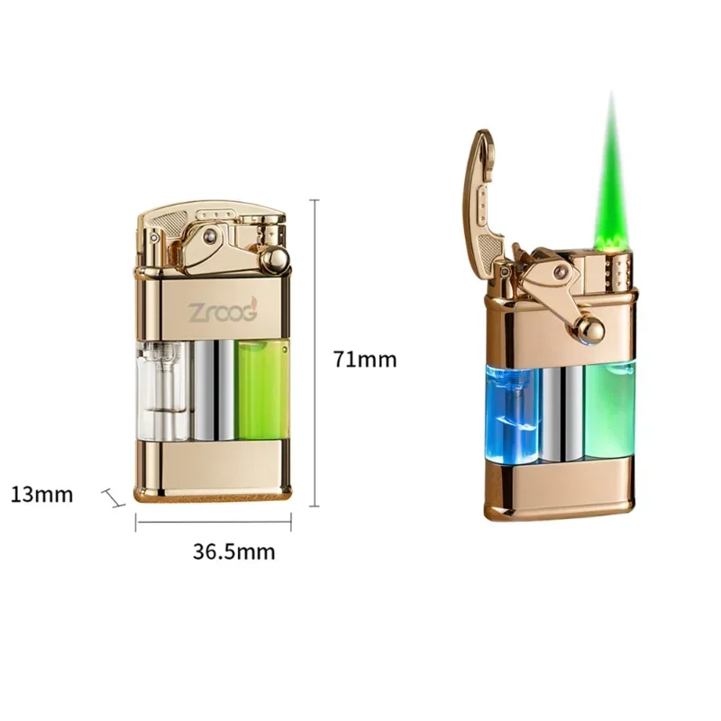 HOT Metal Rocker Arm Luminous Quicksand Windproof Butane Gas Lighter Transparent Oil Tank LED Light Green Flame Lighters Smoking