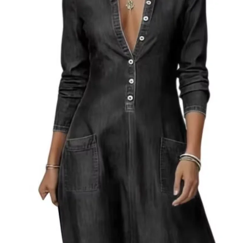 

Lightweight Denim Dress,Comfortable Long Sleeve Lapel V Neck A-line Dress, Casual Long Jean Dress with Pockets