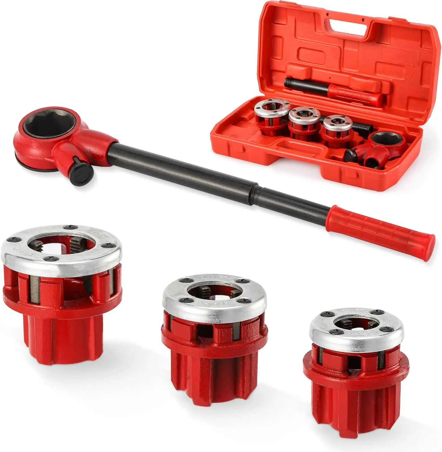 

Ratchet Pipe Threading Kit with 3 NPT Dies 1/2', 3/4', 1' for Metal & PVC Pipes
