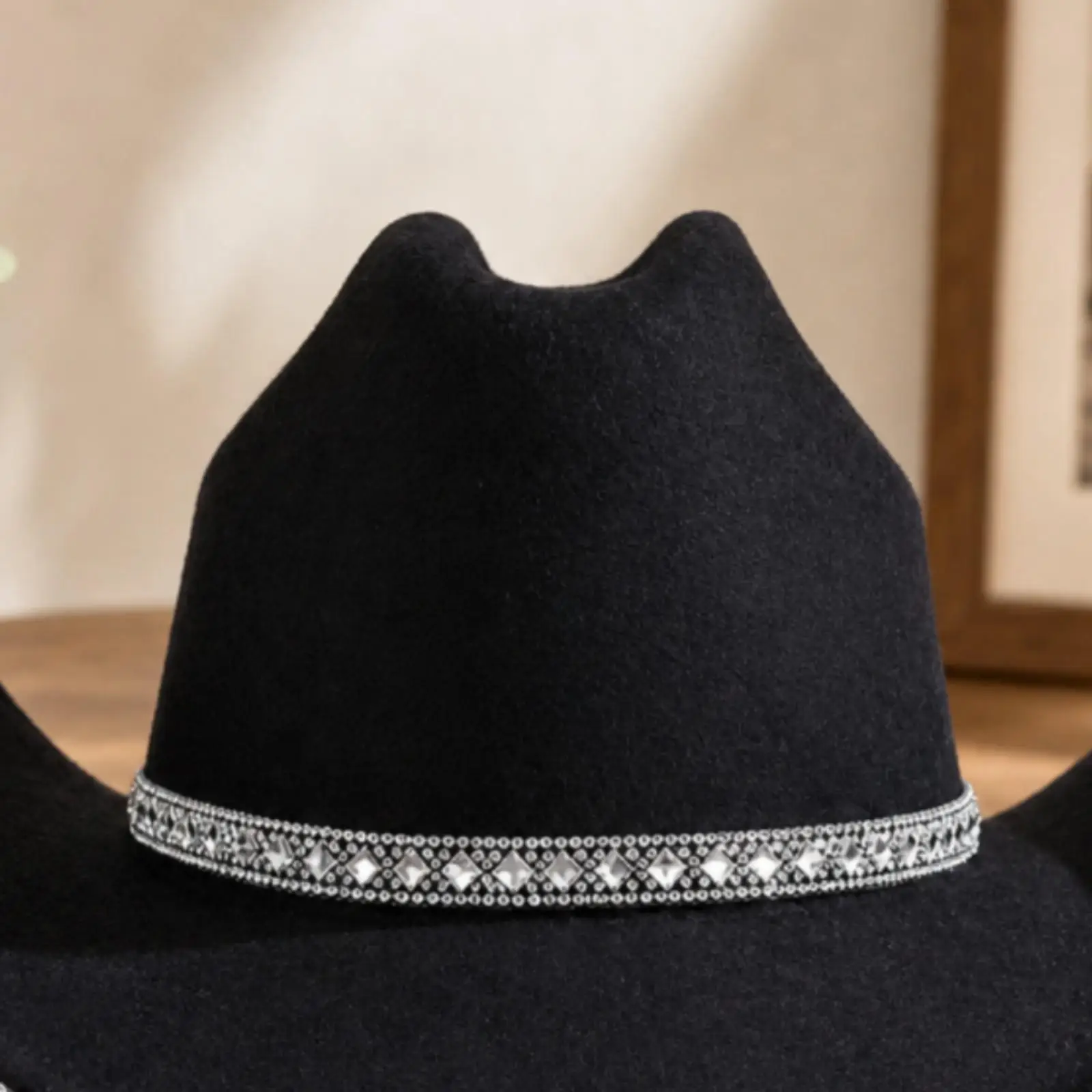 Statement Cowboy Hat with Rhinestone Trim Wool Material Wide Brim Shade Hat for Rodeo Country Music Festival Costume Party