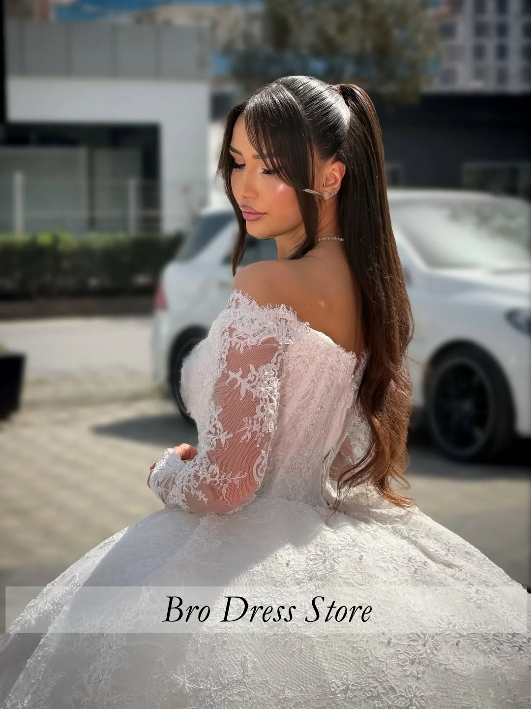 Customized Luxurious Lace Sweetheart Neck Off Shoulder Long Sleeved Ball Gown Wedding Dress Vestidos De Novia Amanda Novias