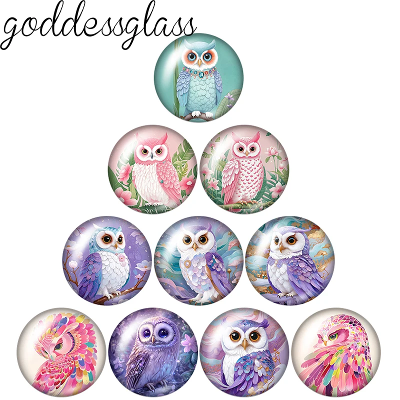 Pink Purple Owl Paintings style Light Color 12mm/18mm/20mm/25mm Round photo glass cabochon flat back Making findings Jewelry