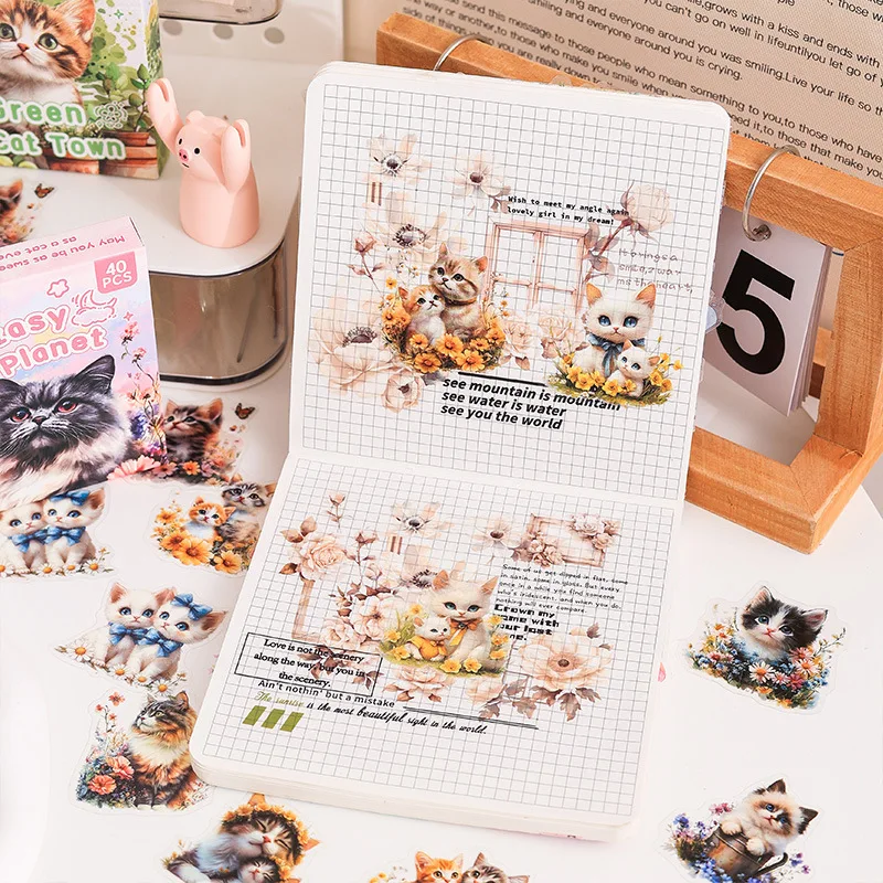 240pecs 6sets Cute Cat Sticker Packs,Waterproof PET Material,Cut Film easy to Tear,DIY Hand accounr Decoration Material Stickers