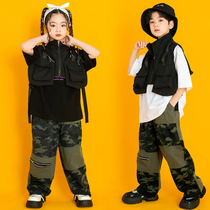 Ropa de baile callejero para niños, chaleco de camuflaje, Pantalones, camiseta de manga corta, traje de escenario para concierto, 6, 8, 10, 12, 14 y 16 años