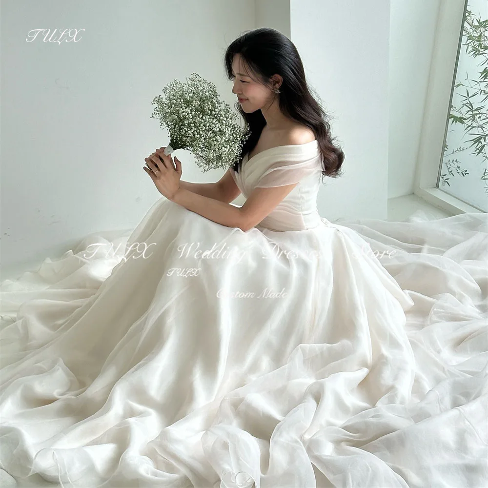 

TULX Simple V Neck Off Shoulder Korea Wedding Photo Shoot Dress Organza Floor Length Fairy Bridal Gowns Corset Back Custom Made