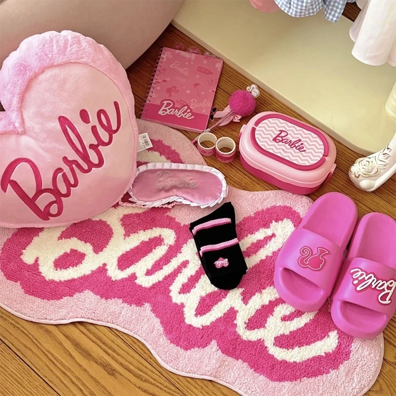 Miniso Barbie Anime Cartoon Cute Letter Alien Flocking Floor Mat Cute Entrance Door Mat Water Absorbent Bathroom Home Carpet