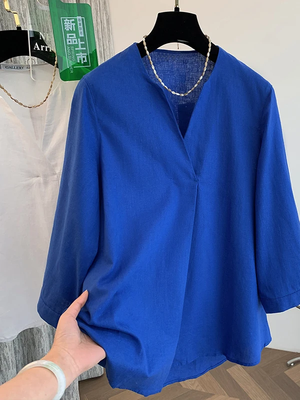 قميص نسائي فضفاض بأكمام طويلة من الكتان باللون الأزرق الفاتح، قميص ربيعي برقبة على شكل V، قميص مريح للحماية من الشمس، قميص قط... #5