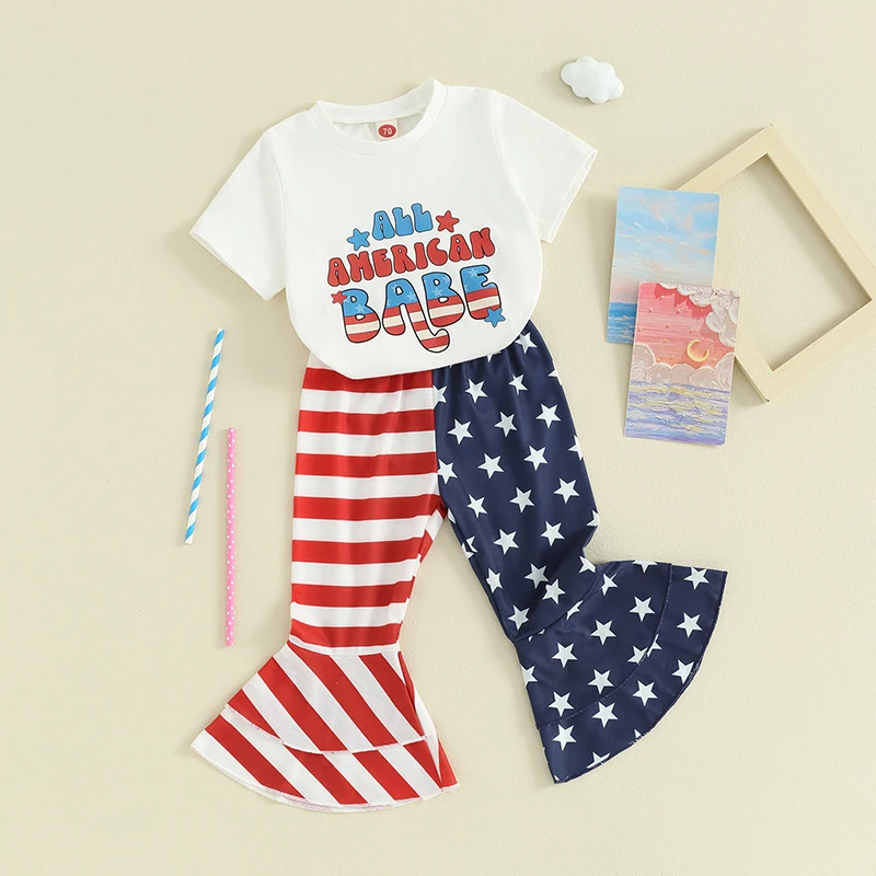 Toddler Girl 4th of July Outfit American Babe Short Sleeve T Shirt Stars and Stripes Bell Bottoms Memorial Clothes