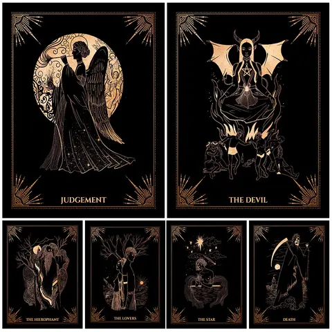 Death,Devil,Judgement,Lovers Tarot Cards Art Poster and Print, Witchcraft and Magic Decor, Wall Art Canvas Painting, Unframed