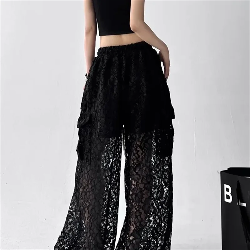 Spring Summer Wide-Leg Pants Women 2026 New Fashion Loose Casual Large Size Hollow Out Pure Colour Pant Female