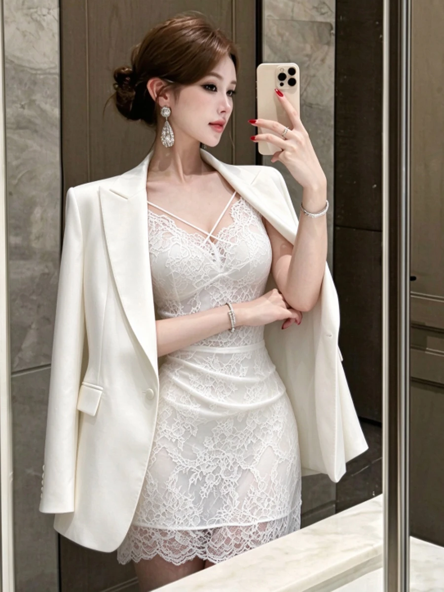 Sexy Lace Trim Slimming Strap Dress Loose Suit Jacket Two-Piece Set V-Neck Long Sleeve Casual Wear for Young Women