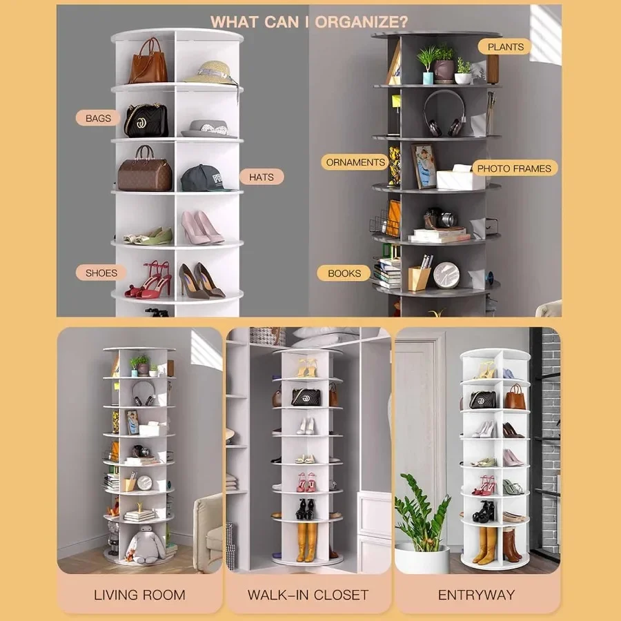 Entryway closet storage organizer: white rotating 7-tier shoe rack tower with 360 spin, made of durable plastic, space-saving a view 6