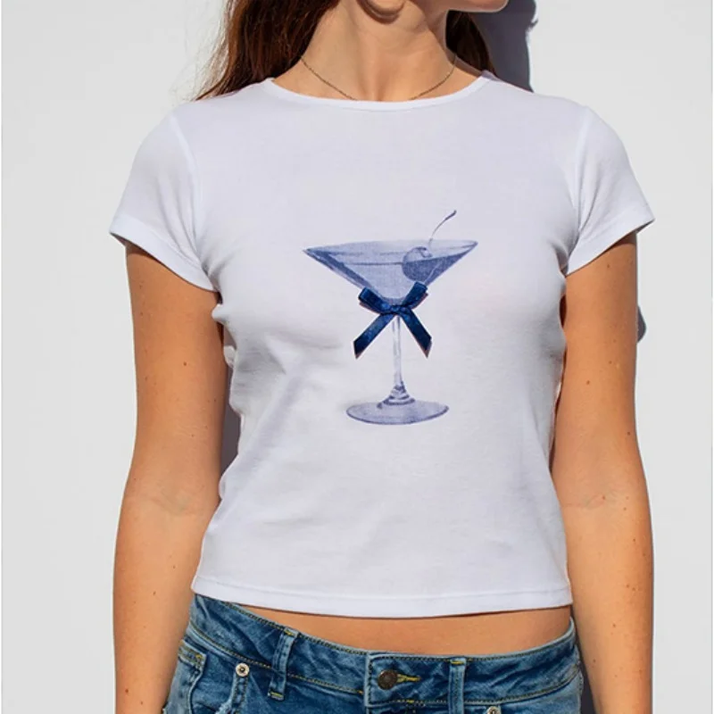 Streetwear Y 2K Esthetiek Beker Print Fee Baby Tee Zomer Grunge Crop Tops Hot Girl Basic 90S Korte Mouw Jeugd Slank T-Shirt